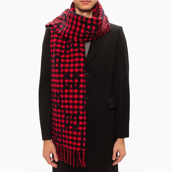 NEW GUCCI Red Blue Wool Check GG Monogram Logo Scarf $690 Authentic - Picture 7 of 8